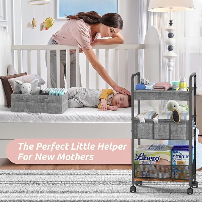 2In1 Baby Diaper Caddy & 3-Tier Rolling Diaper Cart, Diaper Caddy Organizer Cart with Dividers, Mobile Metal Utility Cart for Nursery Essentials, Detachable Bedside Cart, Large Capacity