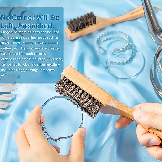 BFWood Horsehair Silver Brush - 2PCS Detailing Brush Set for Silverware - Jewelry Cleaning Brushes for Sterling, Cutlery, Metal - Perfect Match for Silver Polish