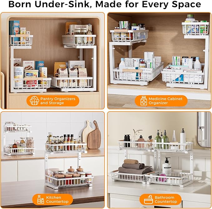 Under Sink Organizer,2 Pack 2 Tier Under Sink Organizers and Storage,Slide Out Pull Out Cabinet Organizer Shelf,Metal Sliding Drawer for Kitchen Bathroom Pantry Cabinet Closet Organization Rack White