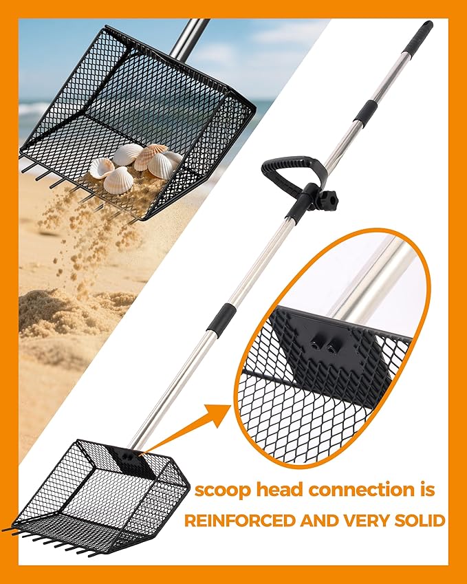 Upgraded Chicken Poop Scooper & Rake 2-in-1,Coop Cleaning Tool Metal Scoop,0.25" fine mesh Sand Sifting Shovel with 35" to 62" Adjustable Stainless Steel Handle for Chicken Coops & Farm Animals Scoop