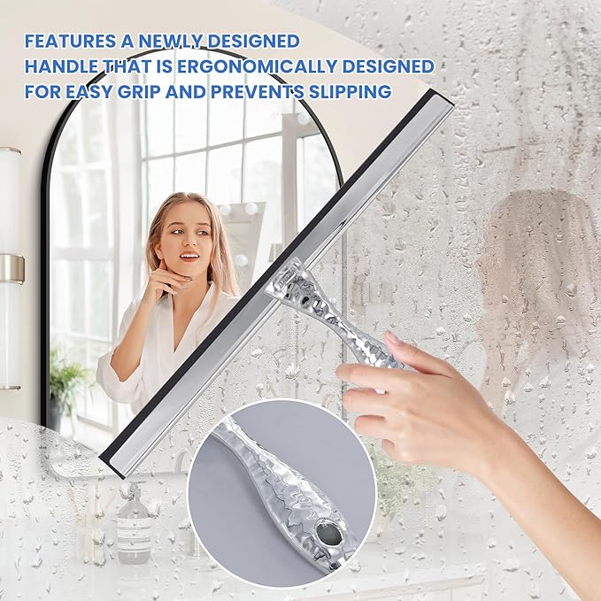 2-Pack Shower Squeegee for Glass Doors, 10 inch Silver Stainless Steel & 5 inch Pink Mini with 2 Hooks, Non-Slip Hammered Handle, Silicone Wiper for Shower, Bathroom, Tile and Mirror