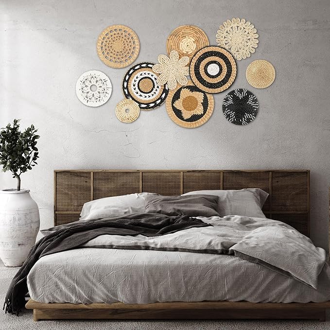Tatuo 11 Pcs Boho Wall Basket Decor Bulrush Woven Wall Hanging Art Round Farmhouse Rustic Handmade Wicker for Summer Home, Bedroom, Living Room, Kitchen Decorations, Multi Sizes(Retro)