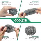 COOLJOB 6/12 Pack Stainless Steel Scrubber Sponges, Heavy Duty Tough Metal Scouring Pads for Dishes, Pans, Pots, Ovens, Uncoated Cookware, Powerful to Clean Grease Dirt Oil or Rust (Sliver, 25 Grams)