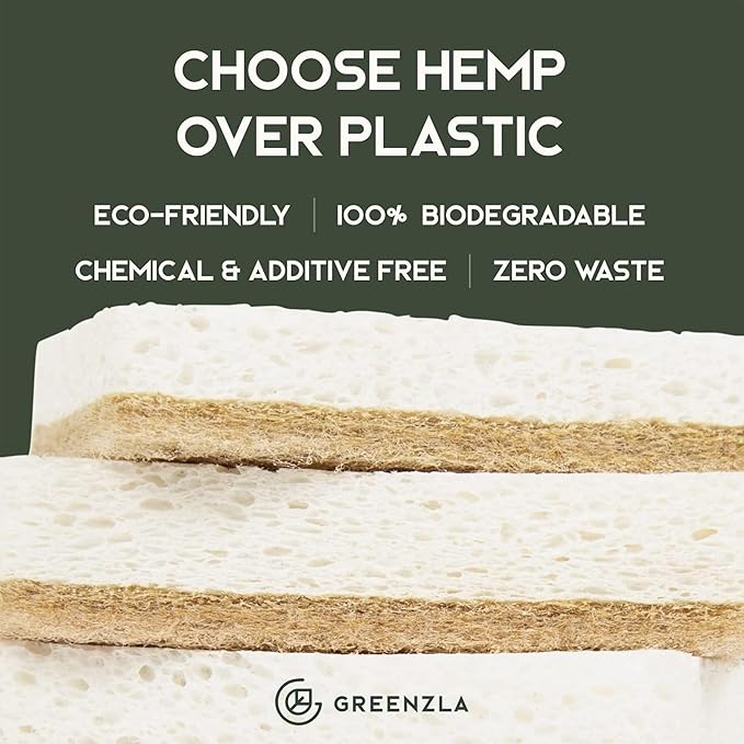 Greenzla Kitchen Sponges, Odor Free Plant-Based Dish Sponges, Non-Scratch Sisal Hemp Scouring Pads for Dishes, Countertops, Bathtubs, and Tiles, 6 Pack