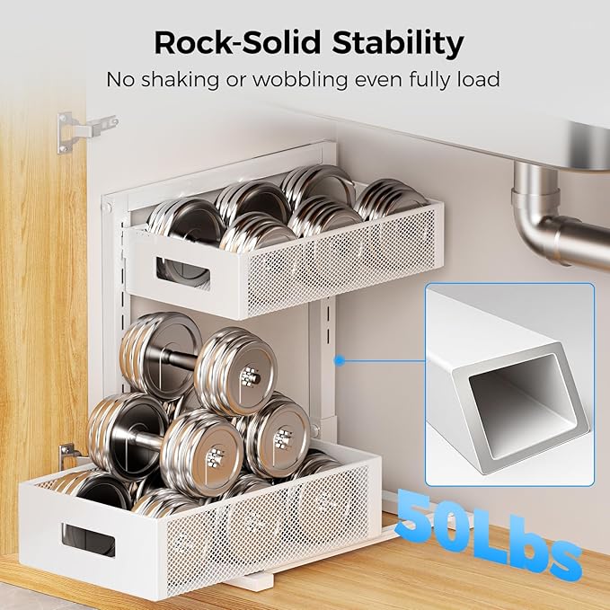 Under Sink Organizer 2 Tier, Adjustable Height Under Sink Organizers and Storage, Smooth & Silent Sliding Out Metal Drawer for Kitchen Bathroom Pantry Cabinet Closet (White, 1 Pack)