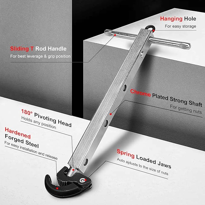 HAUTMEC Telescoping Basin Wrench, Sink Wrench, 3/8" to 1-1/4" Jaw Capacity, 10" to 17" Extendable Handle, Steel Sink Faucet Remover PL0025