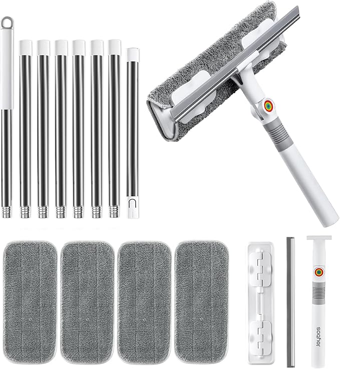 MUEE Window Cleaning kit,2-in-1 Adjustable Window Washing Squeegee Kit with Extension Pole,Squeegee Window Cleaner Tool with Scrubber and Rotating Head for Indoor and Outdoor Window