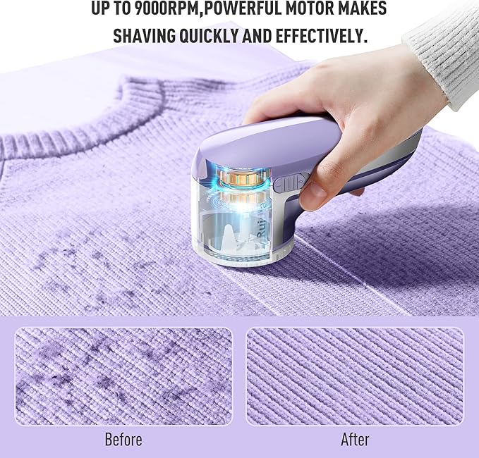 Ruidla Fabric Shaver Lint Shaver Defuzzer, Electric Lint Remover, Rechargeable Sweater Shaver with Replaceable Stainless Steel 3-Leaf Blades, Dual Protection, Removable Bin, (Micro-b Charging)
