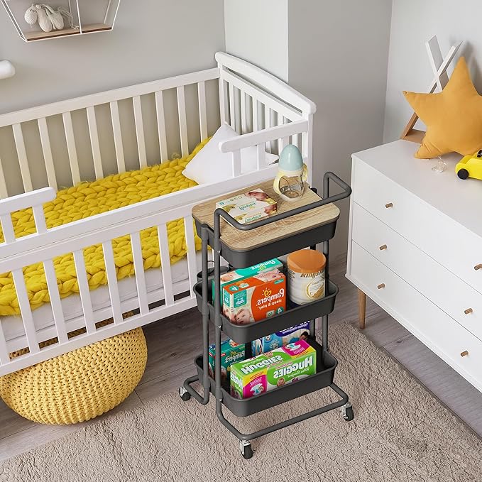 DTK 3 Tier Rolling Cart Uility Cart with Cover Board, Mobile Storage Cart with Wheels, Cups, Hooks for Office Utility Kitchen Bathroom Homeschool Art Craft Postpartum Teacher Cart Organizer(Black)