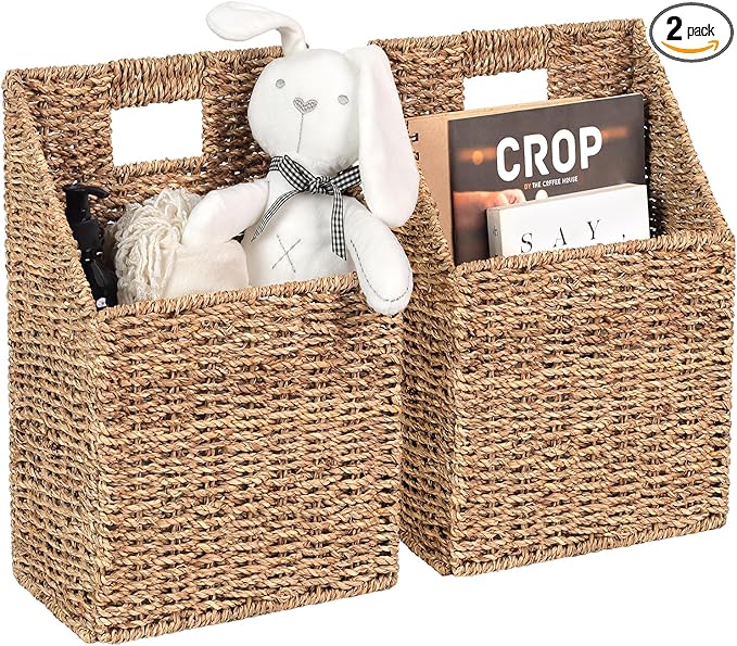 Wicker Hanging Storage Baskets (10.5"Lx6.5"Wx13"H), Set of 2 Wall Basket, Seagrass Basket, Wall Decor Baskets, Seagrass Woven Hanging for Organizing Files, Mails, Books, Accessories