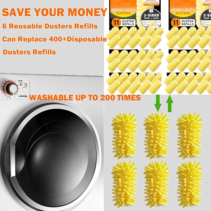 Duster Refill for Swiffer Duster, Reusable Duster Refill Compatible with Swiffer Hand Duster, 360° Heavy Duty Washable Microfiber Dusters for Cleaning, 6 Pack & 1 Handle, Yellow
