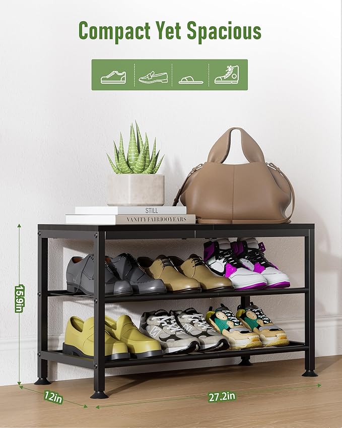 3-Tier Shoe Rack Bench - Entryway Organizer with Shoe Storage, Sturdy Shoe Shelf for Front Door, Small Space Saving Furniture, Black, 27.2" x 12.0" x 15.9"