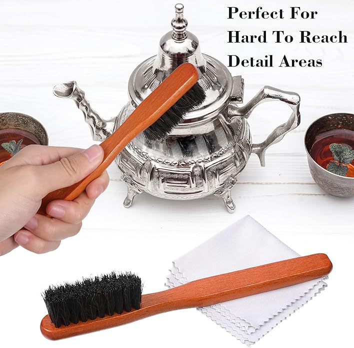 Lusofie Silver Polish Set 4pcs Horsehair Brush with 2pcs Silver Polishing Cloth Jewelry Cleaning Kit for Silverware, Plates and Jewelry Polishing, Detail Cleaning Tool