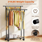 Luxspire Double Rods Clothes Rack for Hanging Clothes, Rolling Clothing Rack with Side Hooks, Bottom Shelves, 360° Wheels, Garment Racks for Bedroom, Laundry, Living Room, Black