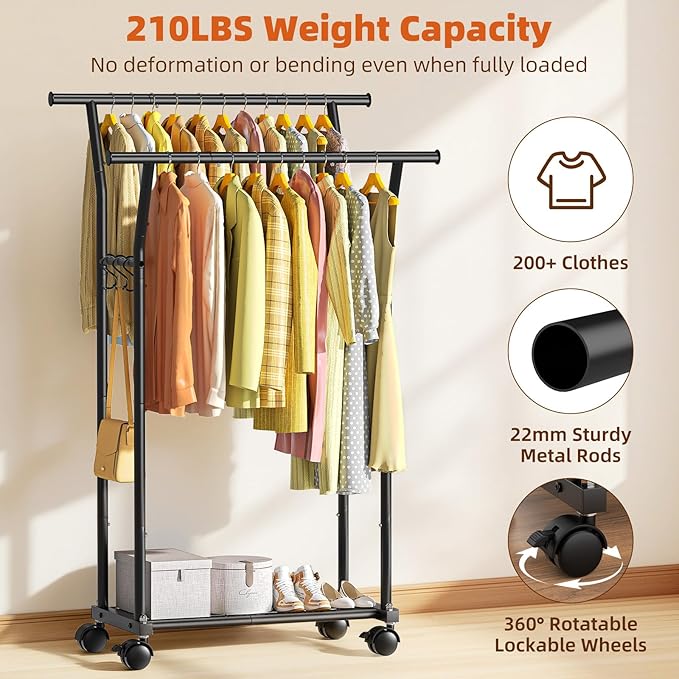 Luxspire Double Rods Clothes Rack for Hanging Clothes, Rolling Clothing Rack with Side Hooks, Bottom Shelves, 360° Wheels, Garment Racks for Bedroom, Laundry, Living Room, Black