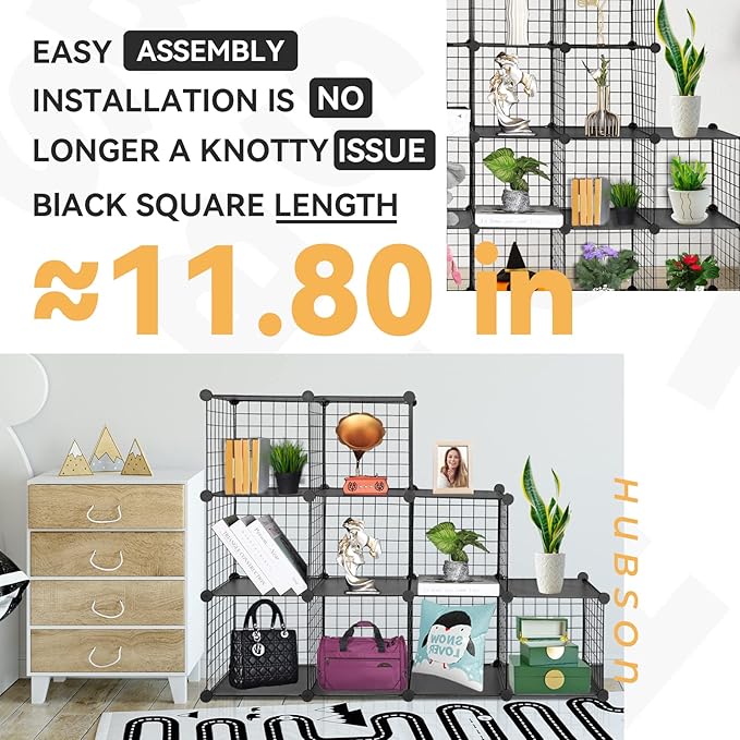 HUBSON Wire Cube Storage Organizer, Book/Toy/Craft/Potted Plants and petCloset Organizers and Storage Shelves, 9-Cube Freely Combinable Metal Grids Storage Shelf,Black Plus Iron