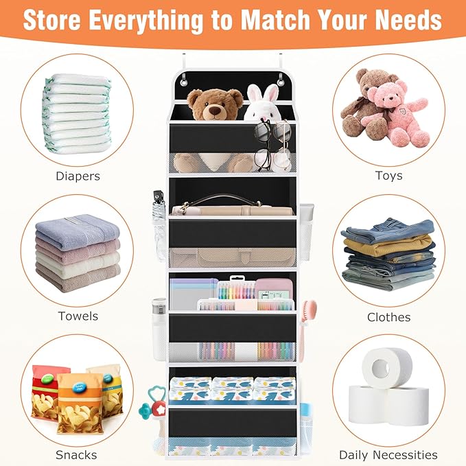 WISELIFE Over The Door Organizer Storage 4 Shelves Large Capacity Hanging Bedroom Storage Solution with 6 Side Pockets for Dorm Bathroom Pantry Nursery and Baby Essentials Holds up to 40 Lbs (Black)