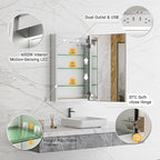 20x32 Lighted Medicine Cabinet, Beveled Brushed Nickel Framed Surface or Recessed Fogless Dimmable LED Medicine Cabinet with Mirror, Outlet, Time Display and Sensor Inner Light(Right Hinge)