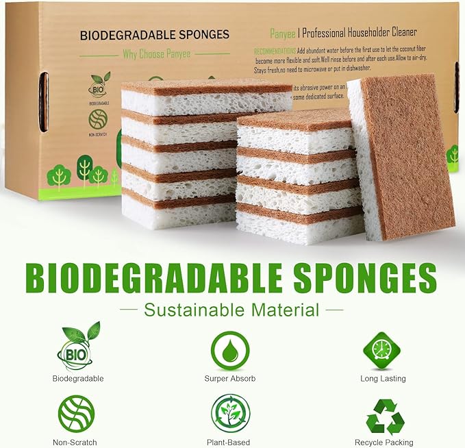 Biodegradable Natural Kitchen Sponge，Eco Friendly Sponges for Dishes,Compostable Cellulose Sponge with Natural Plant Based Coconut Walnut Sustainable Scrubber Sponge Pack of 12
