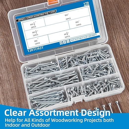 High Hardness #6 Drywall Screws Assortment Kit Wood Screws 170pcs (3/4",1",1-1/4",1-1/2",2") Phillips Drive Flat Head Self Tapping Dry Wall Screws Sheetrock Screw for Picture Hanging and metal Shelves
