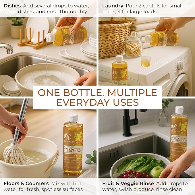 Dr. Jacobs Naturals Orange & Ginger Castile All-In-One Cleaner and Soap - Plant-Based Formula for House Cleaning Floors and Appliances - Gentle on Skin and the Planet - 32 oz, 1 Pack