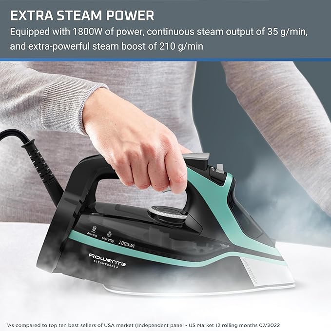 Rowenta Steam Force Stainless Steel Soleplate Steam Iron for Clothes 400 Microsteam Holes 1800 Watts Ironing, Fabric Steamer, Garment Steamer, Digital Display, Precision Tip DW9440