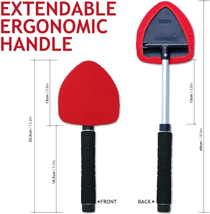 TAKAVU Windshield Window Cleaner Tool, Extendable Long-Reach Handle, Unique Pivoting Triangular Head, 3 Washable Reusable Microfiber Bonnets, Car & Home Inside Interior Exterior Use - Lint Free (Red)