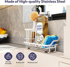 SWTYMIKI Sink Caddy Sponge Holder - Kitchen Sink Organizer with High Brush Holder for Countertop to Hold Dish Soaps and Sponges, Stainless Steel, White