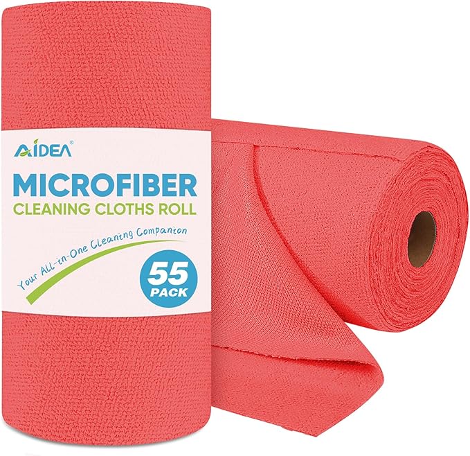 AIDEA Microfiber Cleaning Cloth Roll, Red Shop Towels 55 Sheets Washable, Microfiber Towels for Cars, Shop Rags Reusable Paper Towel for Automotive, Workshop, House, Kitchen, Cleaning Supplies11×9"