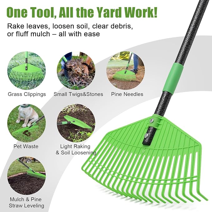 Plastic Rake for Leaves - Upgraded Anti-Break Nylon Head,75" Adjustable Leaf Rake,Gentle on Lawn,Garden,Yard,Grass,Pine Needle,Shrub,Lightweight for Women,Seniors,Kid,Gardening Camping Use