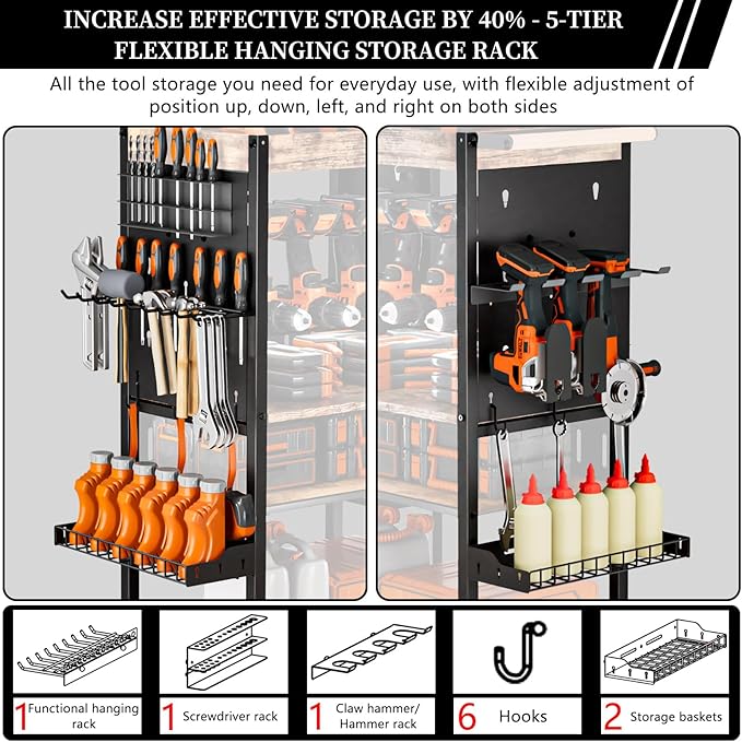 Heavy-duty metal tool organizer,Premium thickened wood panels,tool organizer 5 Layers + 5 Side Hooks Integrated Design Tool Organizers and Storage