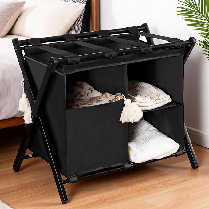 Heybly Luggage Rack with Laundry Bag,Steel Folding Suitcase Stand for Bedroom, Hotel, Foldable Steel Frame, Guest Room Bedroom Hote, 23.62" L x 15.57" W x 24.21" H, Black,HLR006B1