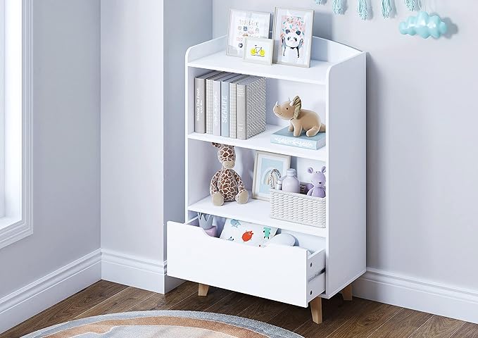 UTEX Kids Bookshelf, Children Bookcases with Storage and Drawer, Wood Kids Toy Storage Organizer for Playroom, Nursery School, White