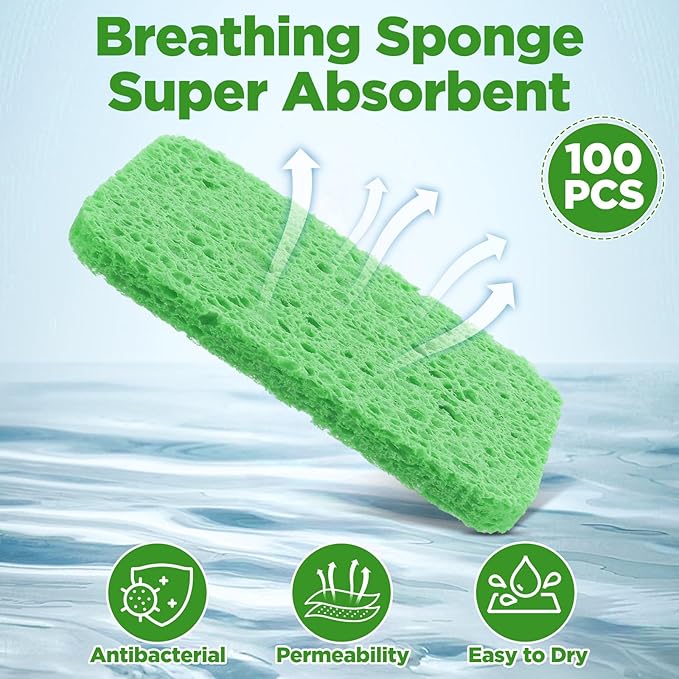 100 Pcs Kitchen Sponge Bulk Natural Sponges for Dishes Compressed Sponges Wood Pulp Cleaning Sponge Without Scratching for Kitchen Bathroom, 3.9 x 2.4 x 0.4 Inch (4 Colors)