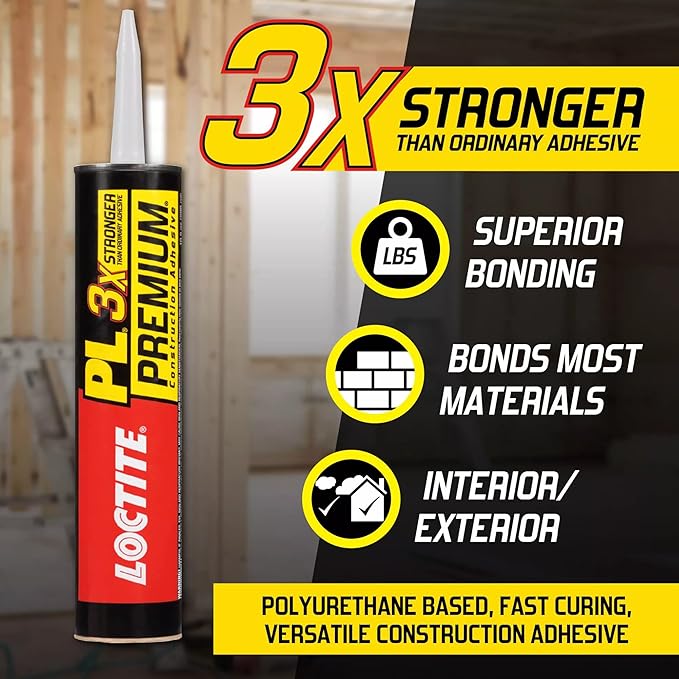 Loctite PL Premium Polyurethane Construction Adhesive, 10 fl oz Cartridge, 12 Pack - Versatile Construction Glue for Wood, Concrete, Stone, Metal & More