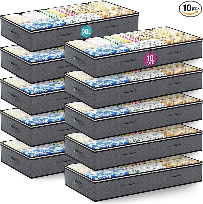 10 Pack Under Bed Storage Containers 90L Underbed Closet Organizer System Collapsible Storage Bins with Clear Window and Reinforced Handles for Bedding Pillows Blanket Towels Clothes Wardrobe Bedroom