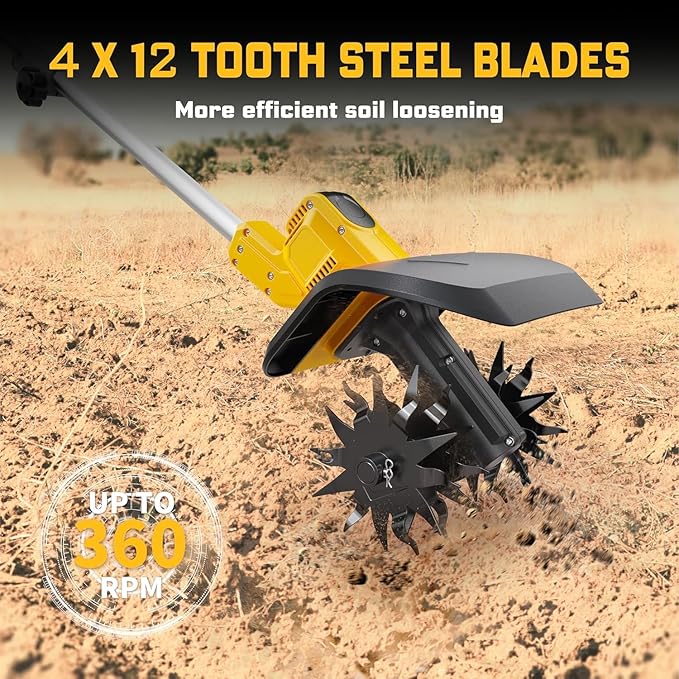 Cordless Tiller Cultivator Compatible with Dewalt 20V Battery(Tool Only), Electric Garden Tiller w/360 RPM, 9In Tilling Width and 6.6In Depth Garden Rototiller for Lawn/Soil Cultivation