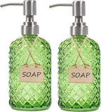 Bathroom & Kitchen Glass Hand and Dish Soap Dispenser with 304 Rustproof Stainless Steel Pump (Green-2pack)