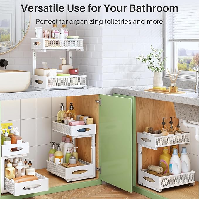 Under Sink Organizer, 2 Tier Pull out Cabinet Organizer Baskets with Mesh Sliding Drawers, Slide out Storage Shelf for Home, Kitchen, Bathroom, Pantry, Office Cabinet(1 Pack, White)