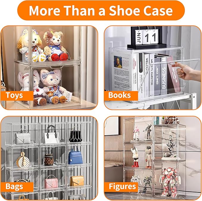 1 Pack Clear Acrylic Sneaker Shoe Display Case,Shoe Storage Boxes Stackable,Acrylic Boxes for Shoes Display with Lid,Boot Storage Organizer for Tall Boot,Purse Handbag Organizer for Closet