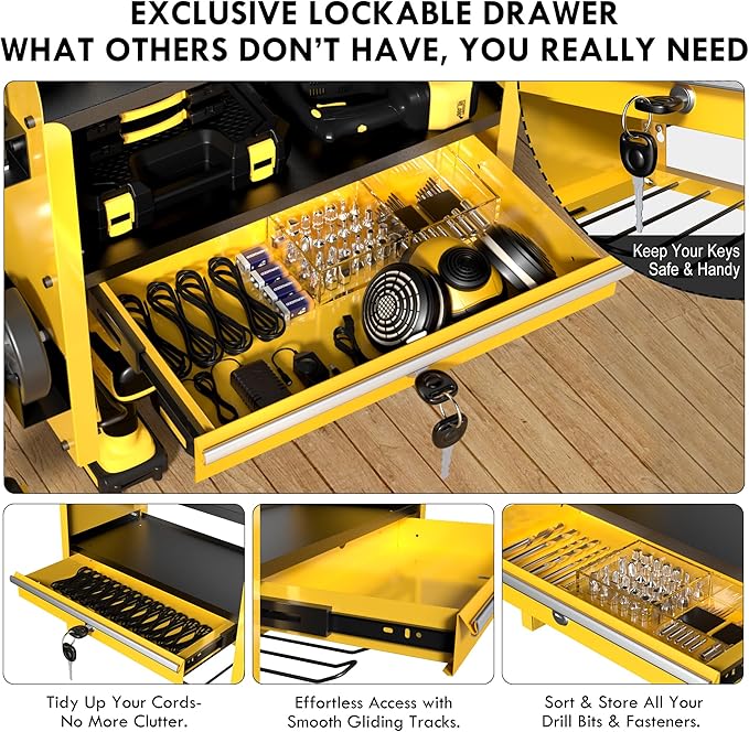 KSVO Power Tool Organizer Wall Mount with Drill Rack & Locking Drawers - Heavy Duty Metal Tool Shelf for Garage, Workshop, Shed, Basement Tool Organization - Gift for Men/Father (Yellow)