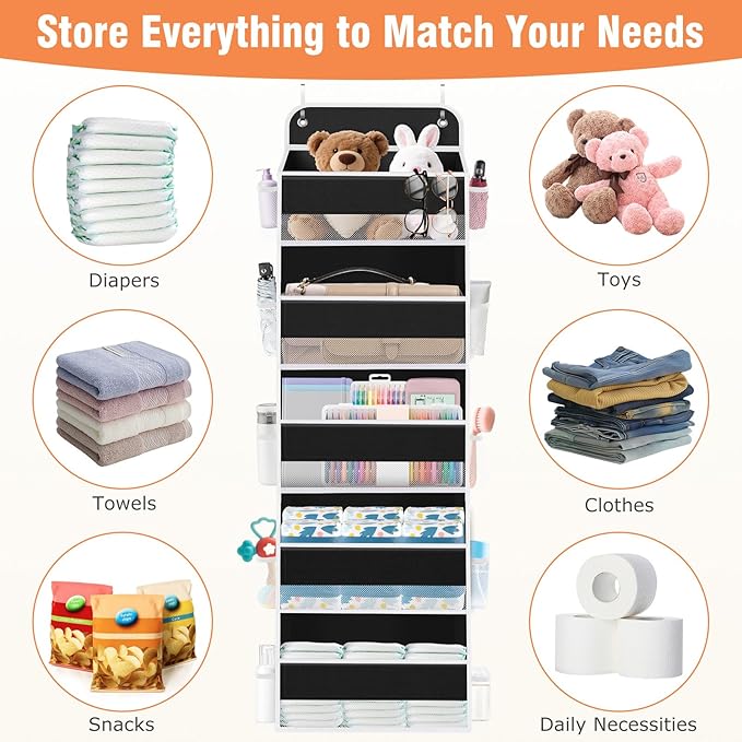 WISELIFE Over The Door Organizer - 5 Shelves Large Capacity Hanging Bedroom Storage Solution with Side Pockets for Dorm Bathroom Pantry Nursery and Baby Essentials Holds up to 40 Lbs (Black)