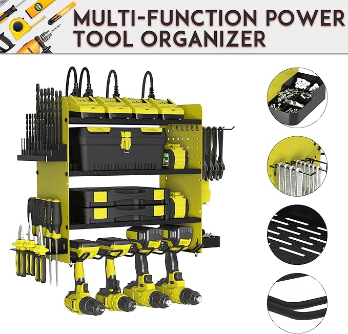 Power Tool Organizer with Charging Station, 4 Layers Drill Holder Wall Mount,Metal Garage Rack with 10A Power Strip,Tool Shelves with Hooks,Drill Bit Storage, for Men Dad (Green&Black)