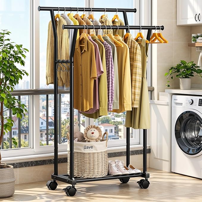 Luxspire Double Rods Clothes Rack for Hanging Clothes, Rolling Clothing Rack with Side Hooks, Bottom Shelves, 360° Wheels, Garment Racks for Bedroom, Laundry, Living Room, Black
