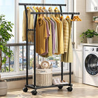 Luxspire Double Rods Clothes Rack for Hanging Clothes, Rolling Clothing Rack with Side Hooks, Bottom Shelves, 360° Wheels, Garment Racks for Bedroom, Laundry, Living Room, Black