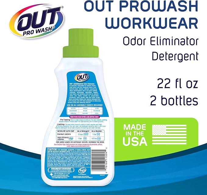 OUT ProWash Workwear Stain Remover Laundry Detergent and Odor Eliminator, Great for Work Clothes, Uniforms, Active Wear, and More, Made in the USA, 22 Ounce Bottle, 2-Pack