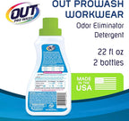 OUT ProWash Workwear Stain Remover Laundry Detergent and Odor Eliminator, Great for Work Clothes, Uniforms, Active Wear, and More, Made in the USA, 22 Ounce Bottle, 2-Pack