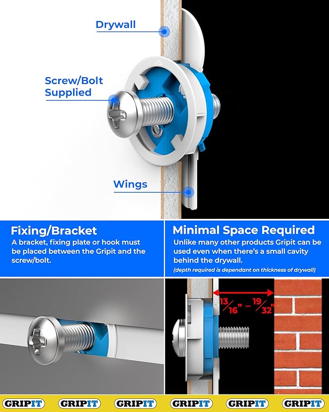 Gripit Blue Drywall Anchors | Pack of 4 (Up to 205Ibs/93kg) | Heavy Duty Drywall Anchors | Wall Anchors & Screws for Drywall | Anchors Screws Kit | Plaster Wall Anchors | 1" Inch Drill Bit | Reusable