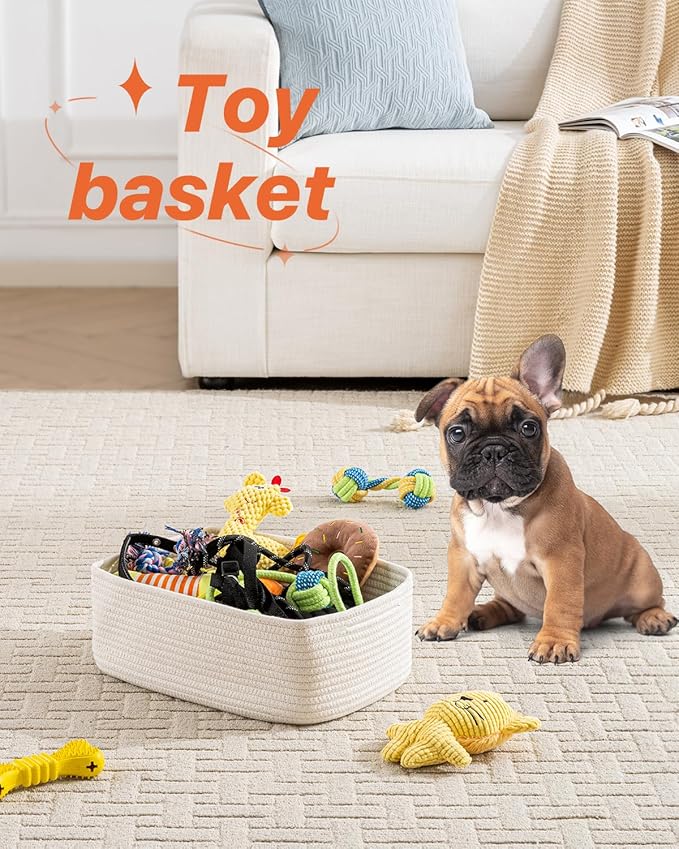Small Woven Basket, 13.5 x 9.5 x 5 Inches, Storage Basket for Organizing, Cute Small Rope Shelf Closet Cube Storage Bins Baskets for Shelves, Dog Toy Gift Baskets Empty, 3 Packs, Off White
