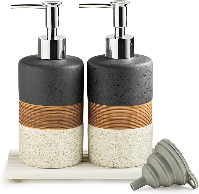 Ceramic Dish Soap Dispensers Set(2 Pack), Hand, Dish, Shower Soap Dispenser for Kitchen Sink & Bathroom, Includes Stainless Steel Pump, Silicone Funnel & Diatomaceous Holder, Black